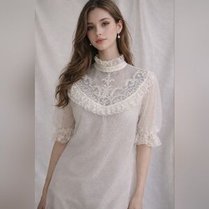 Vtg 70s women 12‎ Edwardian style ivory puff sleeve lace blouse, semi sheer